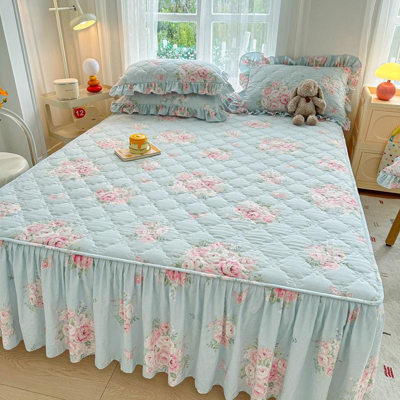 Frischer Stil Gestepptes Washed Cotton Bettrock-Set – Hautfreundlich für Einzel- und Doppelbetten