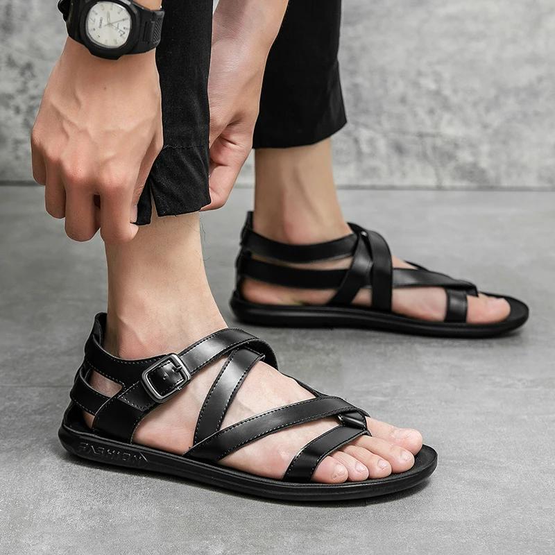 Hot sale Luxury Men’s Leather Sandals Summer Designer Roman Gladiator Sandals Man Black Flat Sandals For Men Beach Flip Flops
