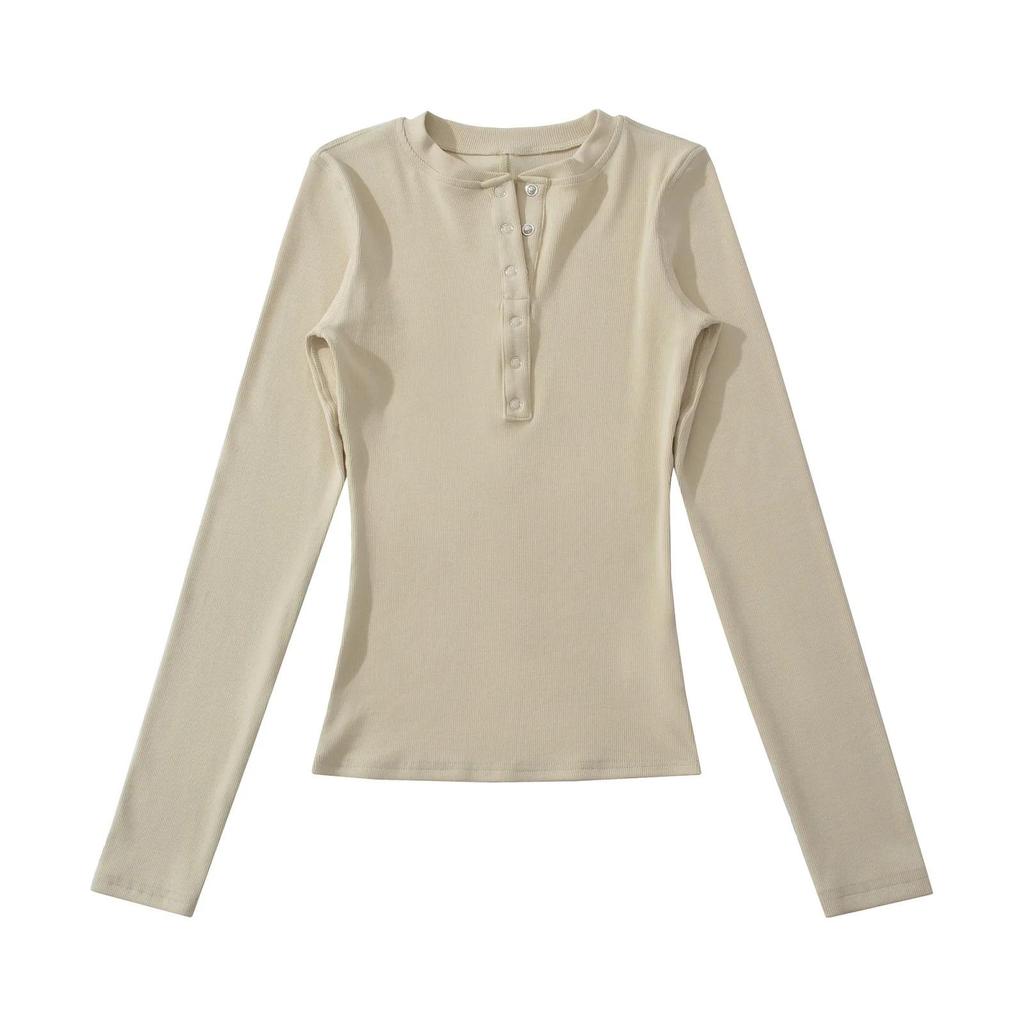 Women's Korean Style Henry Collar Long Sleeve Base Layer T-shirt for Autumn/Winter – Stylish, Stretchy, Basic Top