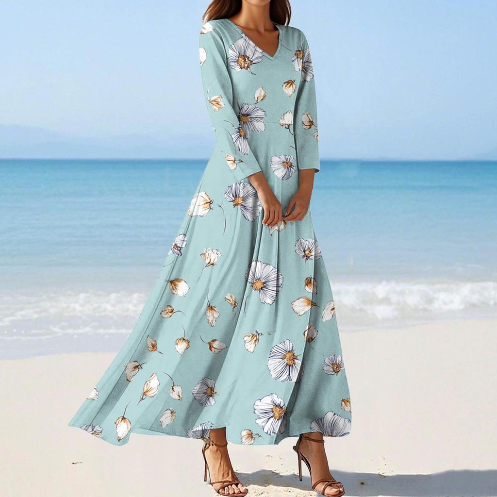 Women's Fashion V-Neck Floating Beach Dresses Seven Sleeve Floral Printed Dresses