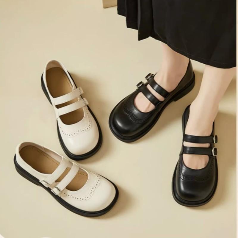 Uniform Women's British Flat Retro Double Buckle Soft Side Mary Jane Shoes Spring and Autumn Niche Carved for Walking Style