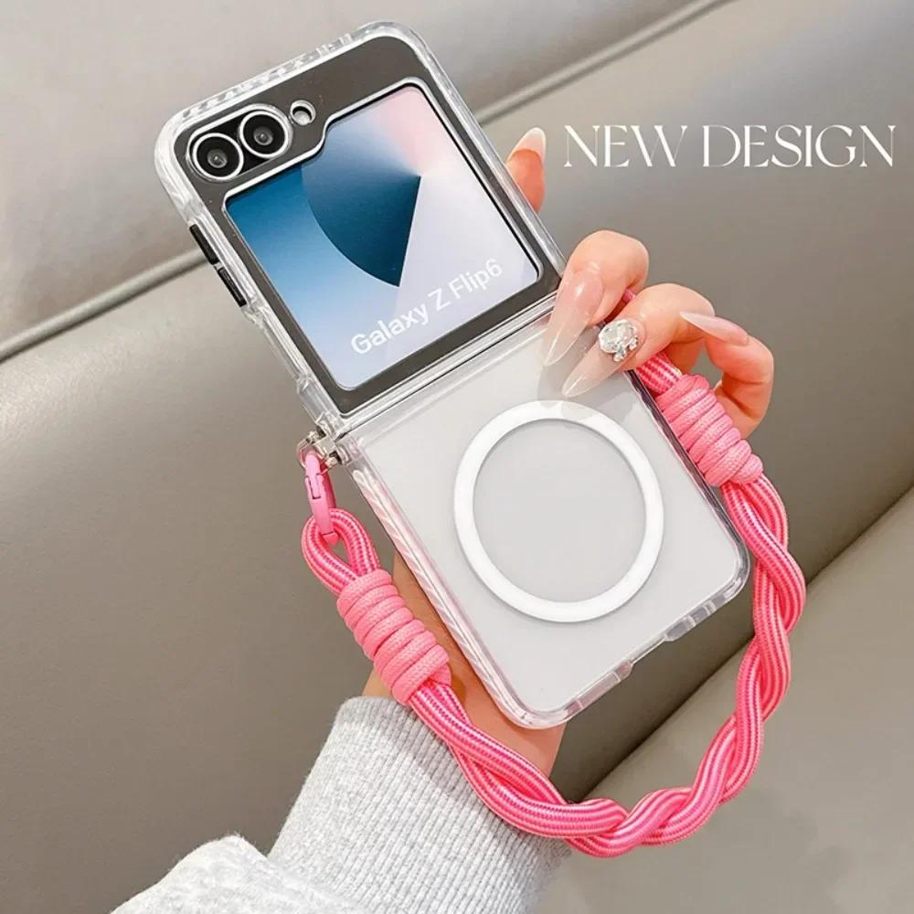 

For Magsafe Magnetic Wrist Strap Phone Case For Samsung Galaxy Z Flip 7 6 5 4 3 Flip7 Flip6 Flip5 Flip4 Flip3 Transparent Cover Galaxy Z Flip7