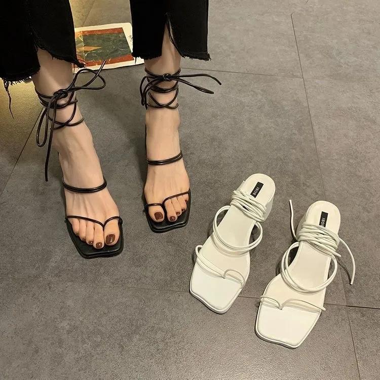 Women's Fashion Sandals 2025square Head Cross Straps Clip Toes Soft Bottom Roman Shoes Non-slip Wear Fairy Hundred Women's Shoes