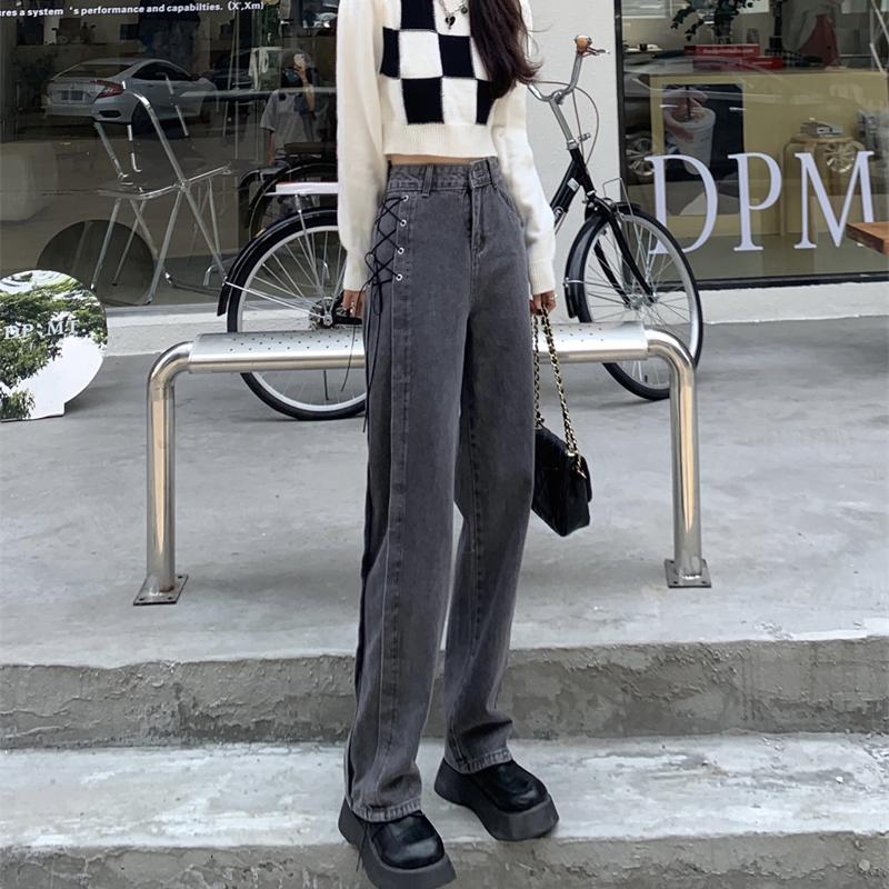 Autumn Spring Jeans Women Denim Pant  Vintage Straight Trousers Fashion Female Solid Lace Up Loose Casual Wide Leg Pants