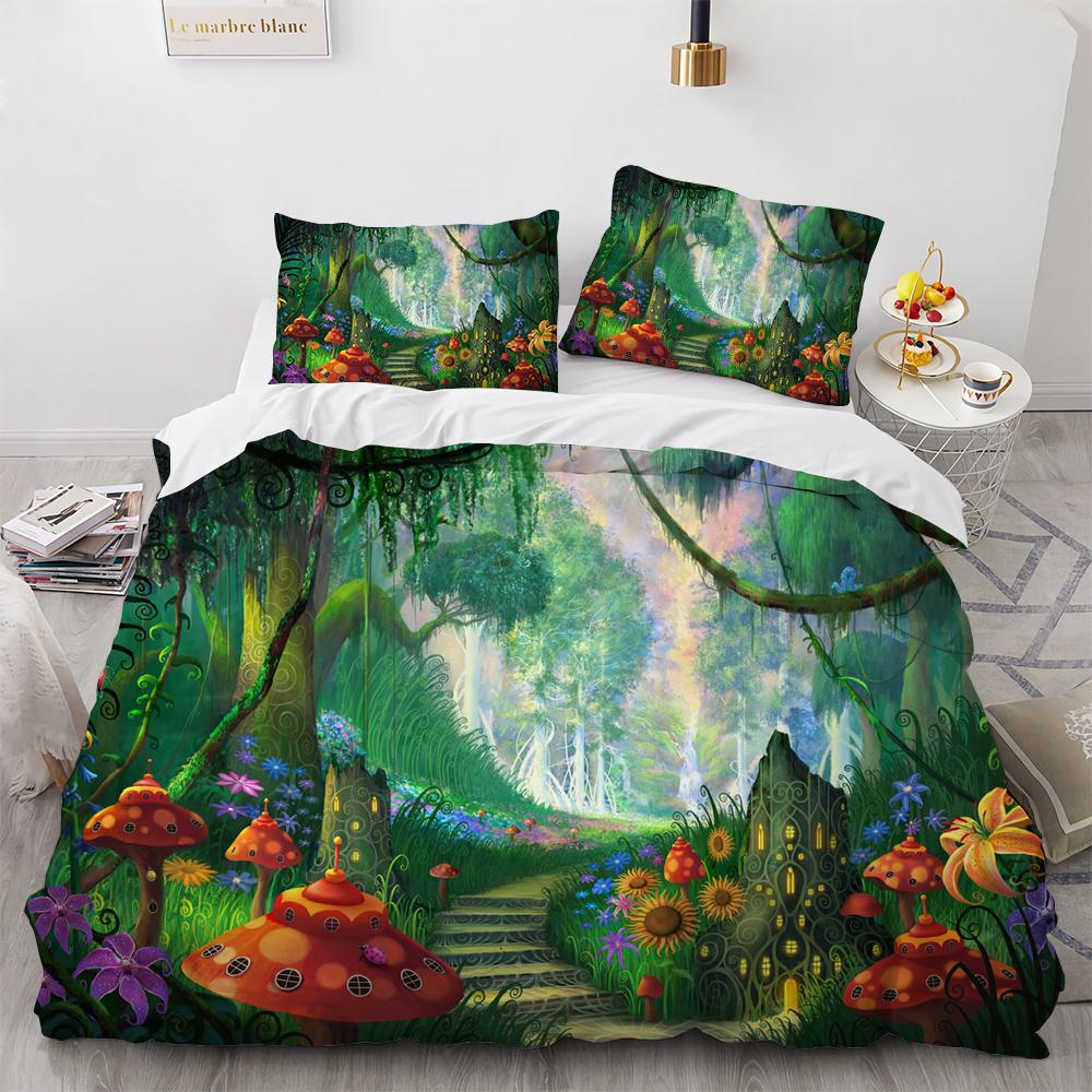 Niedliches Pilzmuster Polyester Bettwäscheset Magisches Pilzhaus King Queen Full Size Bettbezugset Erwachsene Kinder Bettdeckenbezug