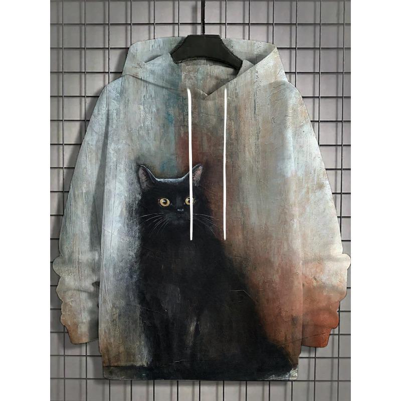 Autumn and Winter New Men's 3D Full Body Print Japanese Black Cat Hoodie Unisex Casual Fashion Men's Hoodie Street Men's Tops