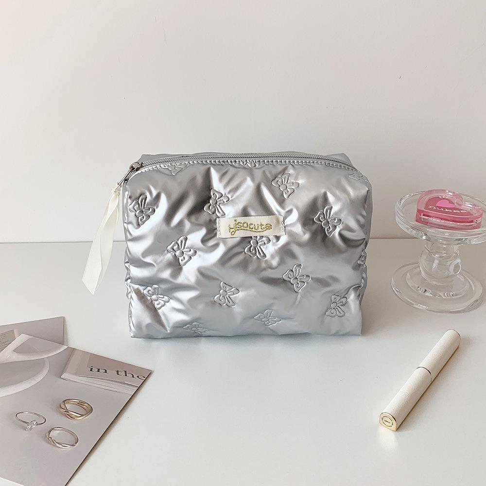 

New Bowknot Makeup Bag Glossy Surface PU Leather Cosmetic Pouch Large Capacity Multifunctional Storage Bag Travel серебряный