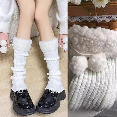 1pair Winter Warm Knitted Socks Lolita Warm Leg Knitted Socks Wool Ball Knitted Foot Covers Leg Warmers with Balls for Women