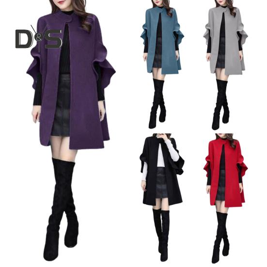 Abrigo de invierno para mujer, con mangas tipo pétalo, cuello alto, corte en A, capa de punto abierto, cárdigan de largo medio, abrigo de lana para exteriores, poncho