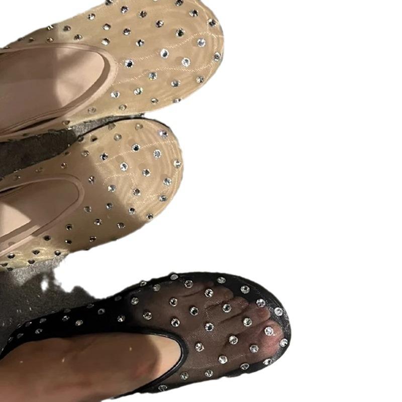 Niche premium Mary Jane shoes mesh yarn breathable rhinestone shallow mouth flat sole shoes women