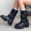 New ArrivalS Open Run Women S Black Leather Mid bootS Buckle Decoration