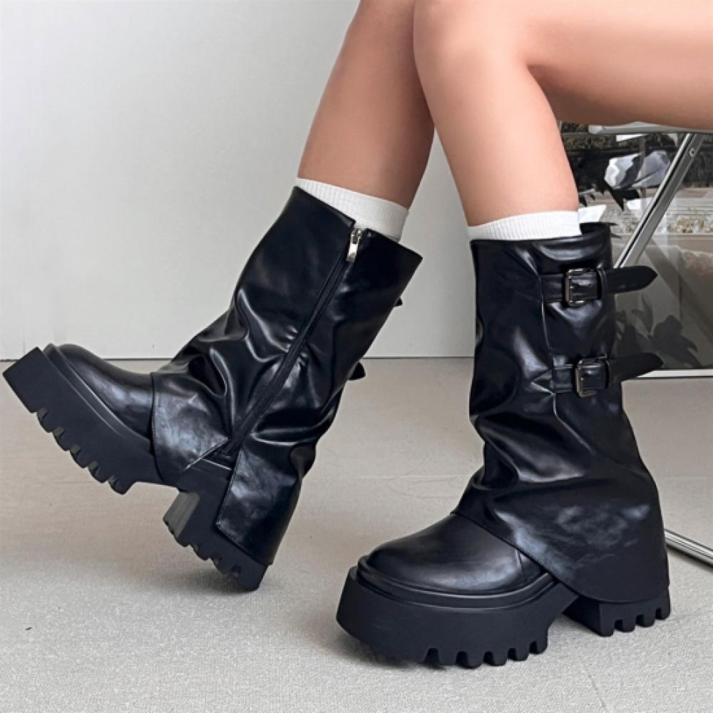 New ArrivalS Open Run Women S Black Leather Mid bootS Buckle Decoration