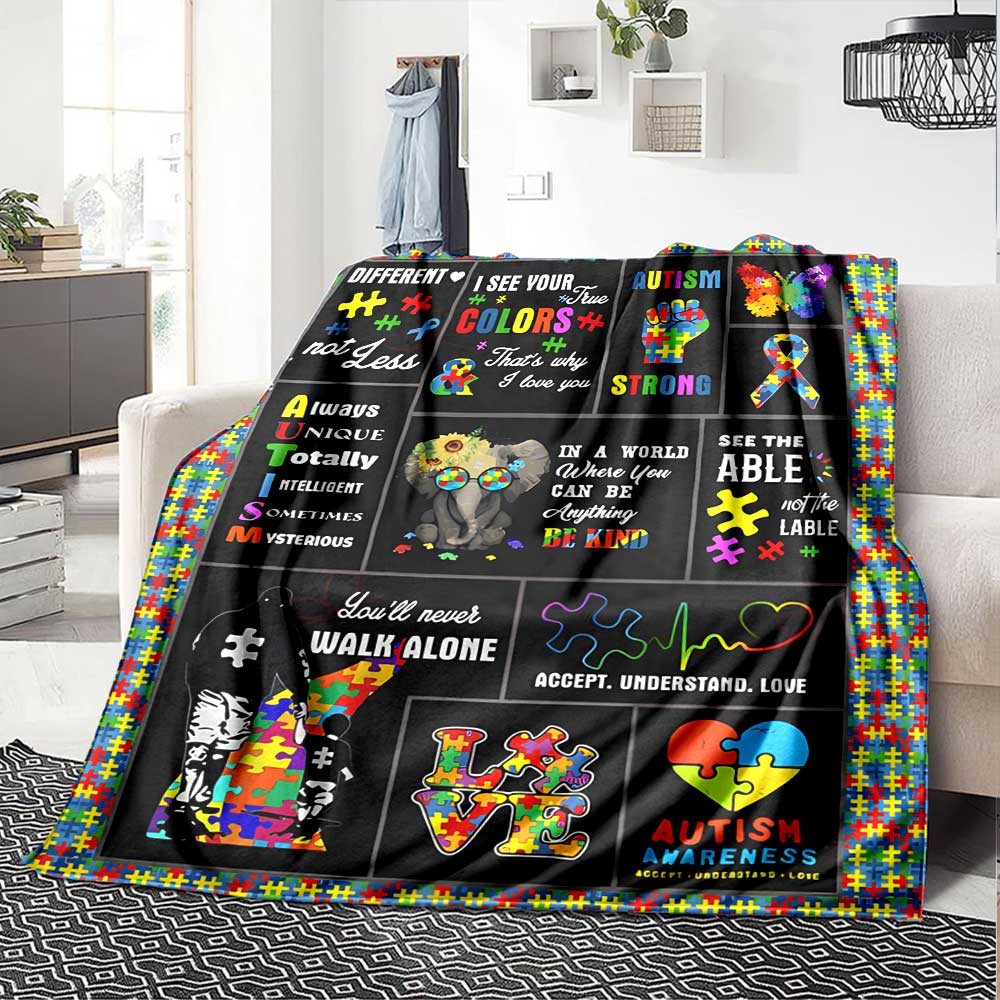 Autism Awareness Quotes Gift Blanket Ultra-Soft for Sofa Couch Office Bed Picnics Four Seasons Universal Digital Print Ideal Picnic Accessory Y47