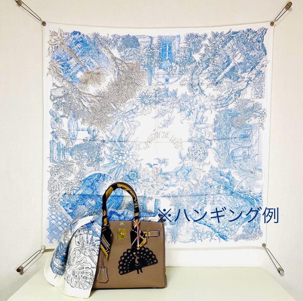 [USED]Extremely Unused Hermes large carre Le Jardin de Leila Blanc x Ciel Bleu x Sepia rare! scarf/stole, 90, 100% silk, (Le Laira's Garden),