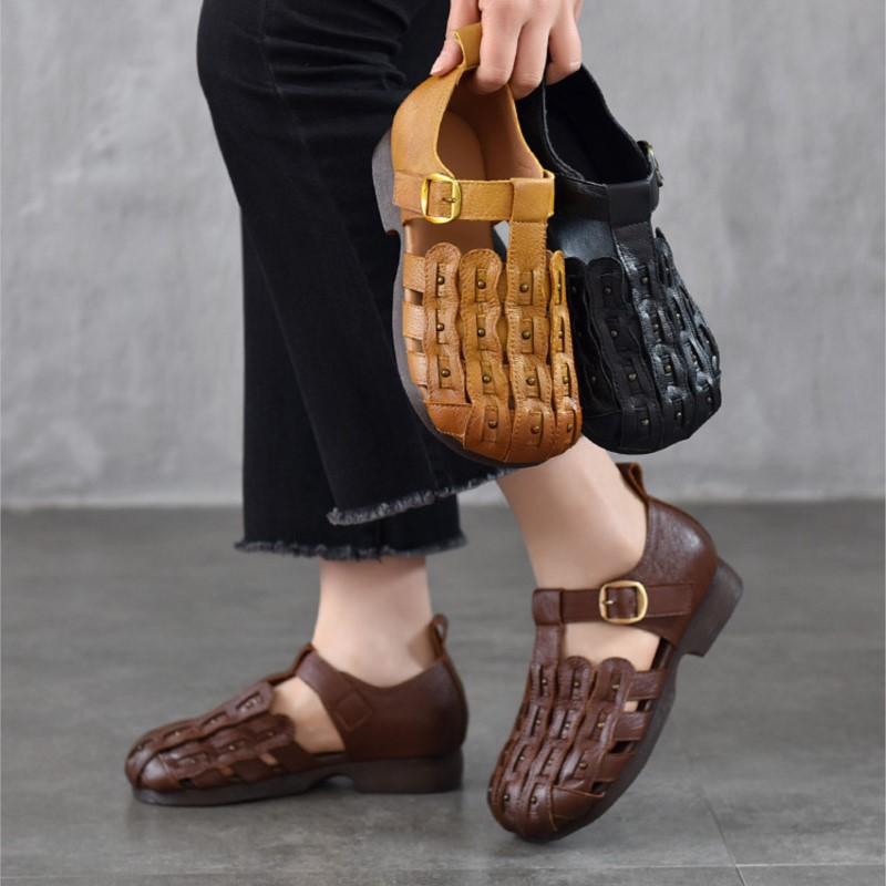 Johnature Genuine Leather Round Toe Soft Soled Sandals Hollow Out Breathable Low Heel Women's Shoes