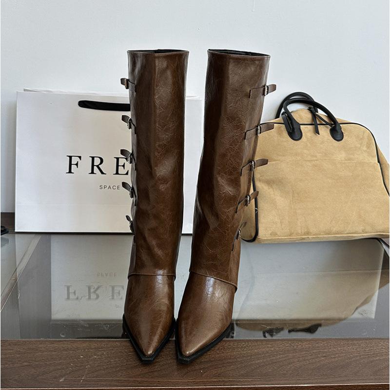 Wasteland wind autumn and winter new boots women's but knee pointed belt buckle slope heel western cowboy boots high trousers boots