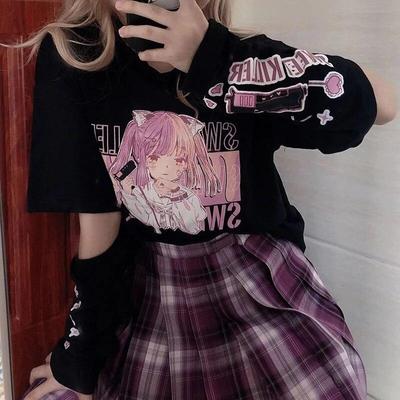 2KWEIRD Japanese Anime Print Graphic T-Shirt Women Summer Goth Top Mujer Split Sleeves Girl Y2k Clothes Aesthetic Harajuku Kawaii Tees