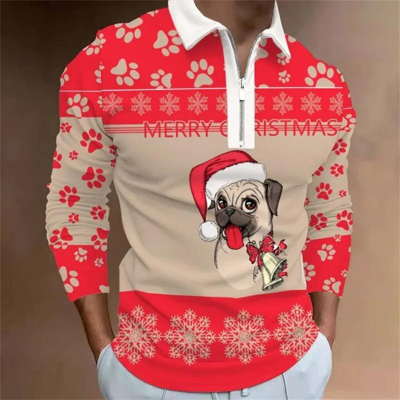 Men Fashion Spring Autumn Polyester Zippo Polo Shirt  Christmas 3D Digital Print Casual Polo Shirt Tops