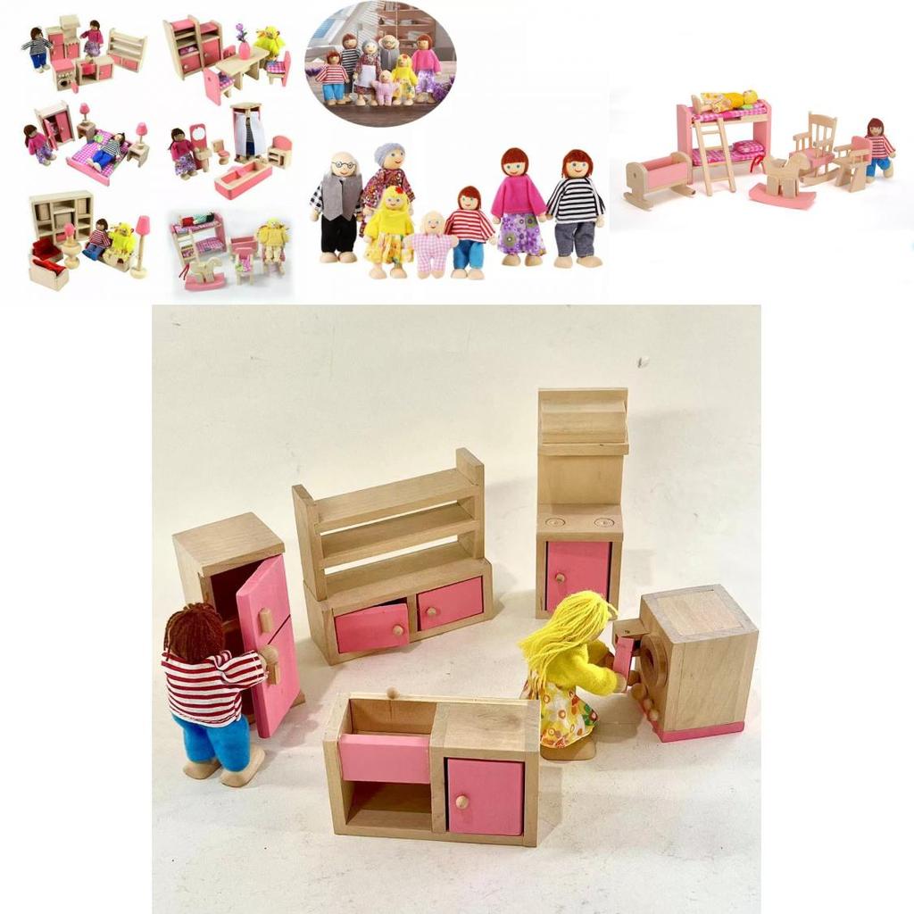 Entzückendes Holzpuppenhaus-Möbelset für Kinder mit farbenfrohen Schlafzimmer-, Küchen- und Wohnzimmer-Accessoires