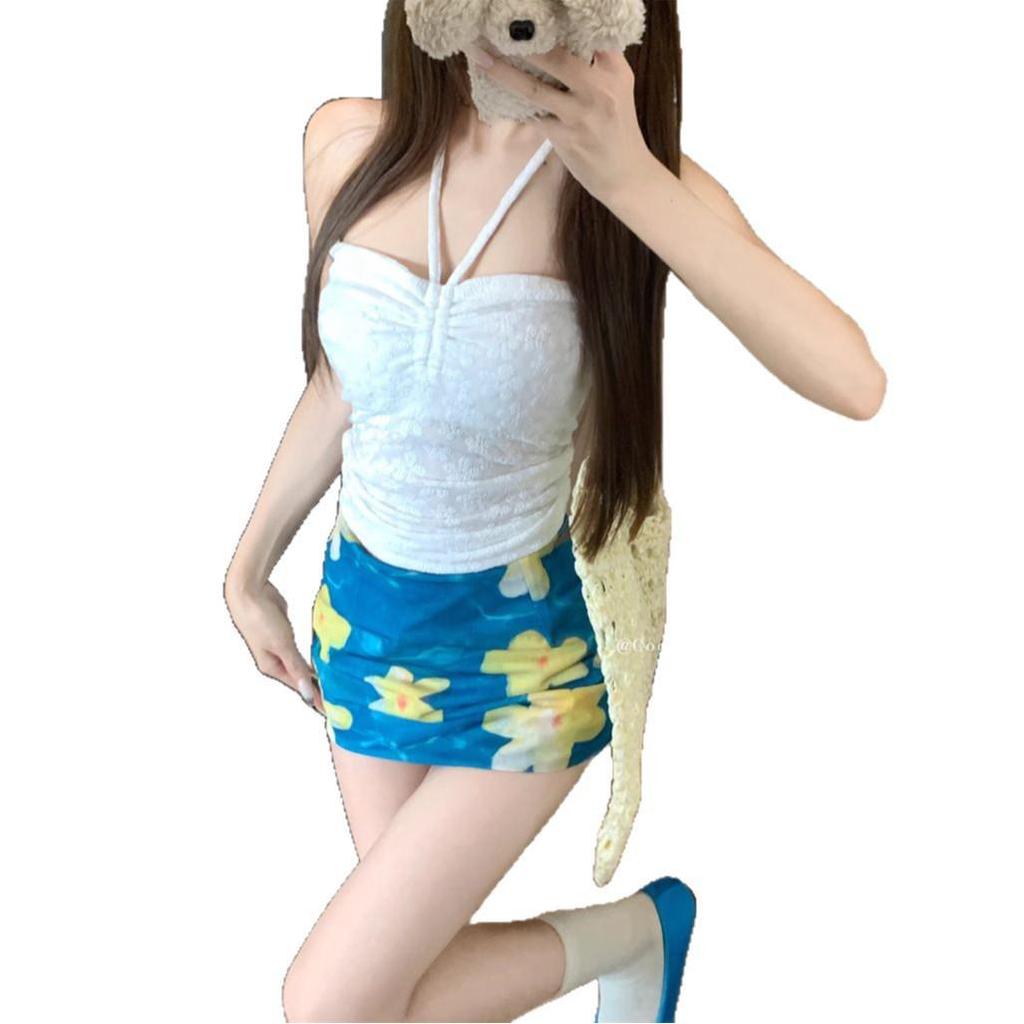 Women's Yellow Strappy Halter Tank Top and Bodycon Midi Skirt Set