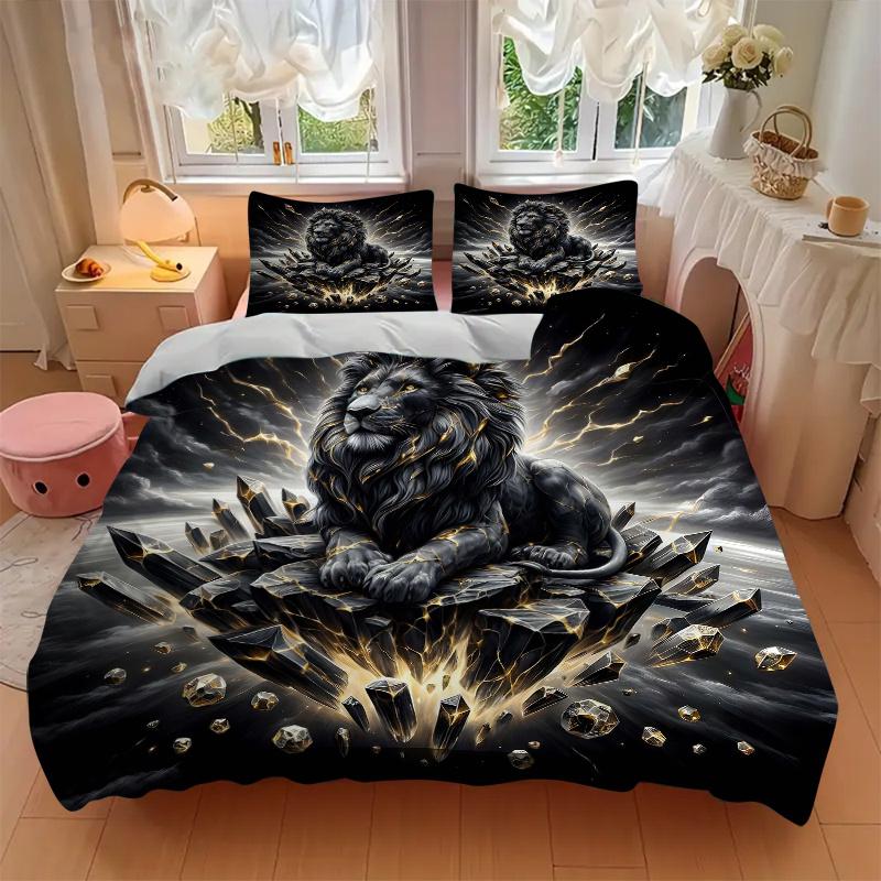 3pcs Emerging Lion Printed Quilt Set - Soft and Comfortable Quilt Cover for Bedroom, Guest Room and Dormitory