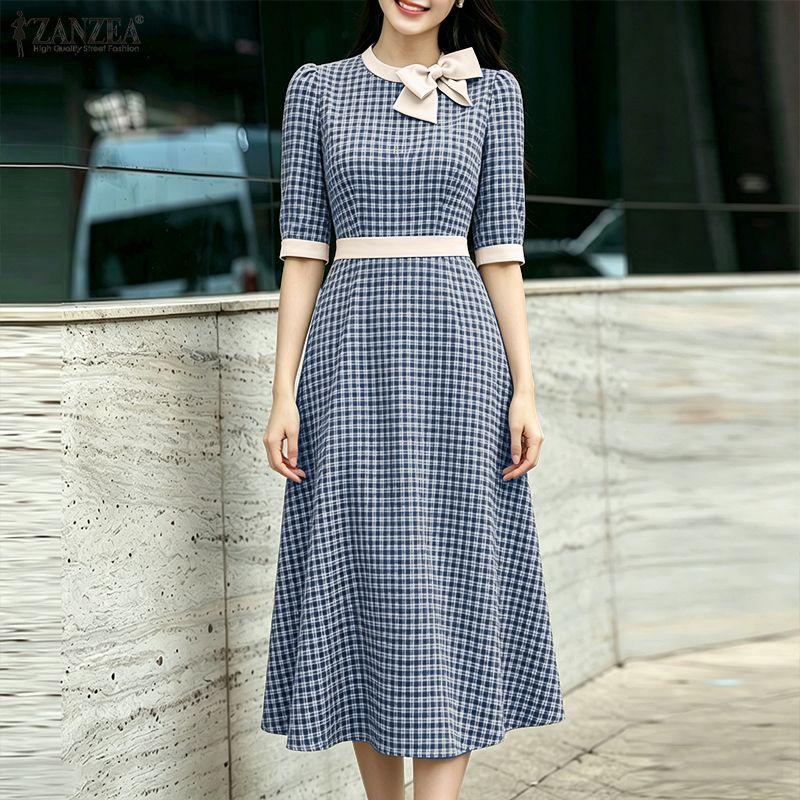 ZANZEA Rochie casual elegantă pentru femei, cu gât rotund, mânecă 3/4 și imprimeu în carouri
