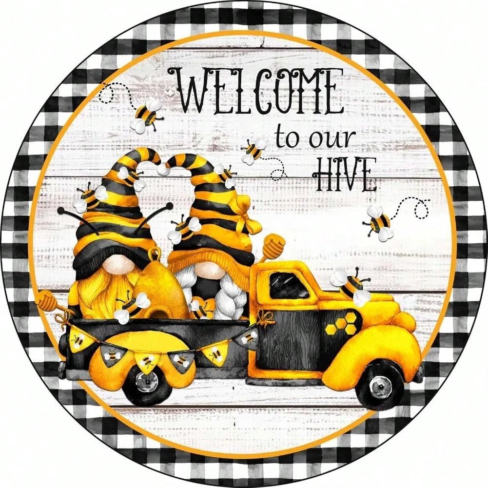 Bumble Bee Gnome Funny Tin Sign Spring Door Wreath Metal Wall Art 20x20