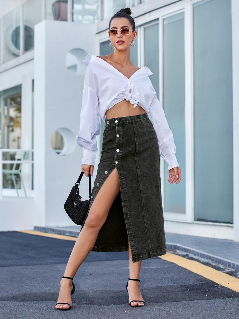 Women's European & American High Waist Irregular Slit Denim Long Skirt