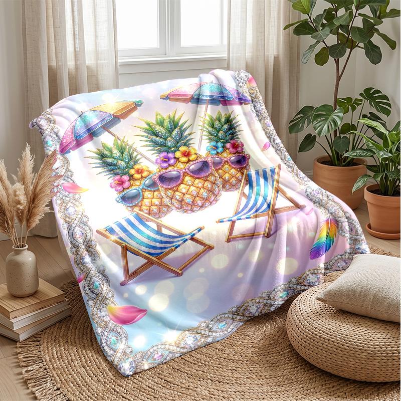 Peaches and Leaves Pattern Theme Blanket Lightweight Warm Flannel Blanket Decorative Throw Blanket for Home Decoration