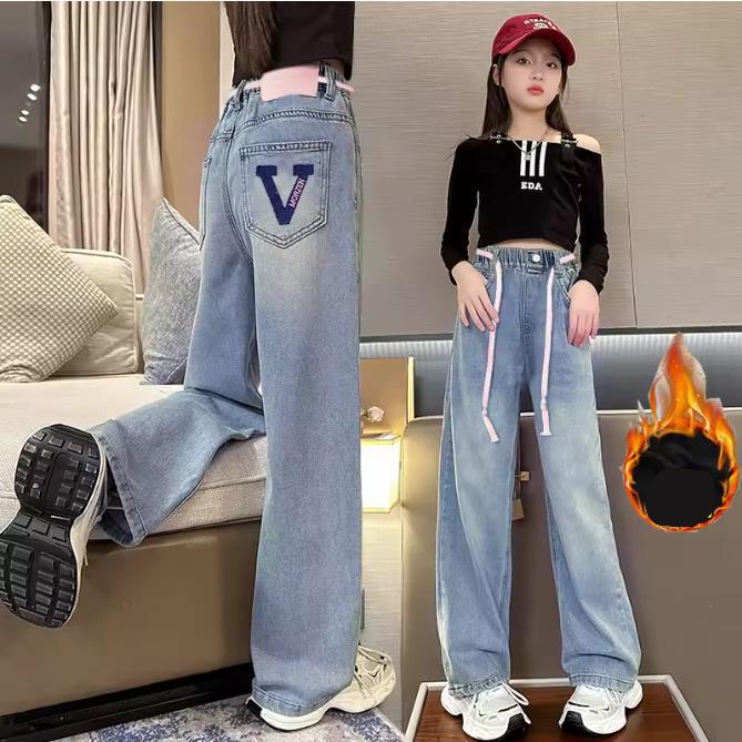Girls' Denim Wide Leg Pants Children Insulated Jeans for Girls Baby Warm and Thick Denim Pants for Girls Winter Trousers for Kids Teenagers