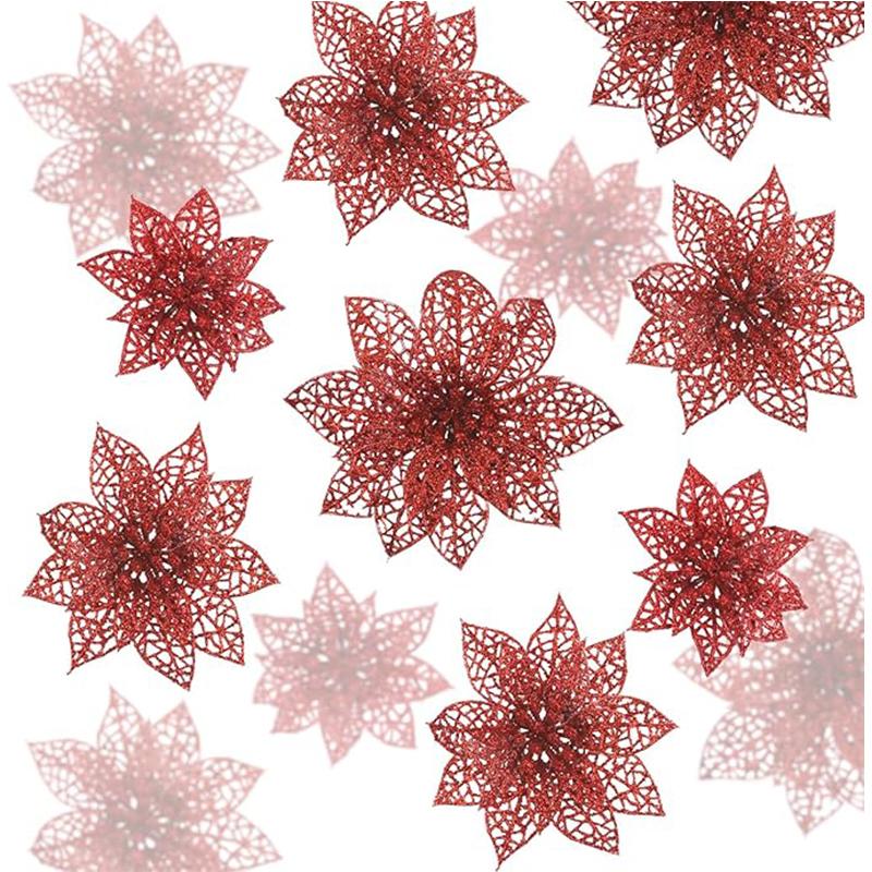 5Pcs 13cm Glitter Christmas Decoration Artificial Flowers Xmas Tree Ornament for New Year Navidad Home Decor Garland Accessories