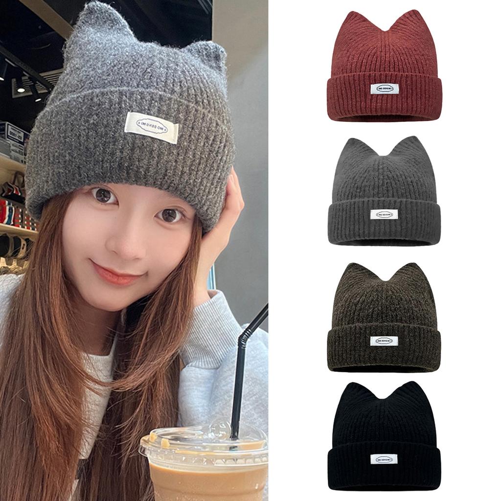 Subculture Style Knit Cat Ear Hat Elastic Windproof Hat Ear Protector Hat Warm Winter Thick Cycling Skiing Supplies