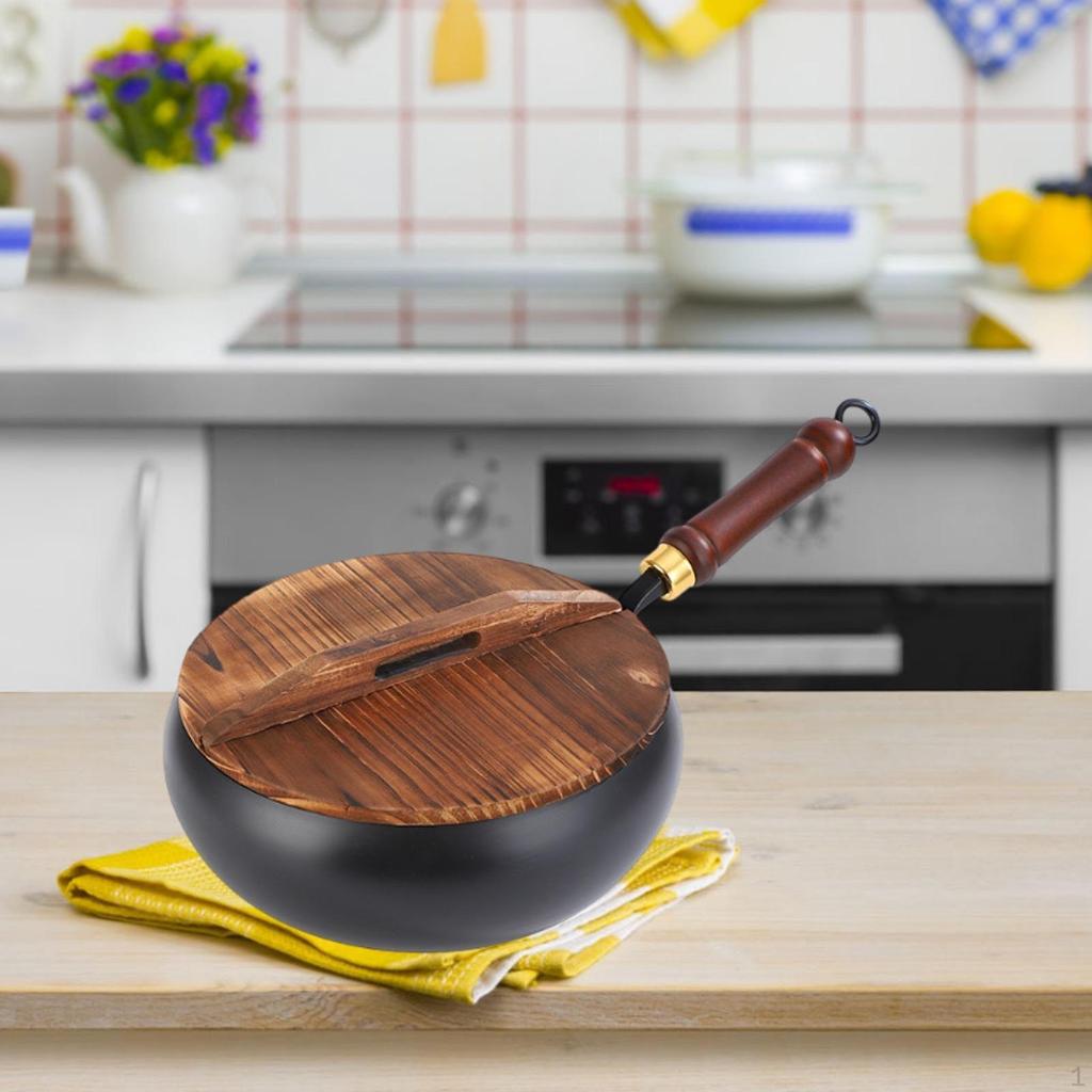 Cooking Pot Iron Wok with Wooden Lid for Home And Camping