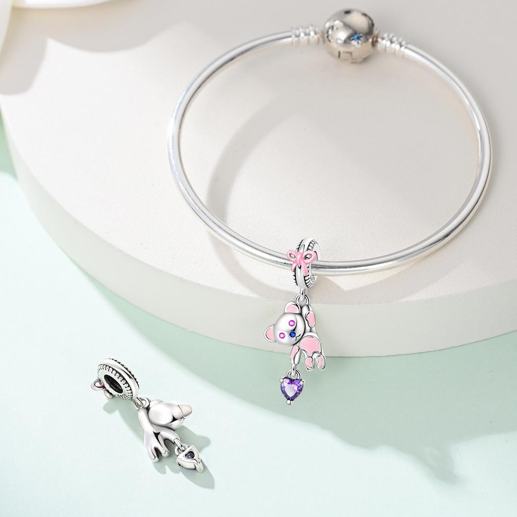 Original Charms Copper Pink Bear Pendant Beads Fit Bracelet Women Jewelry Making Diy Gift