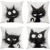 Funny Black Cat Throw Pillow Covers 18x18 Set of 4, Cartoon Gothic Pet Pillow Cases Kit with Zipper, Fun Kids Goth Cat Pillows for Cat Lovers Velvet