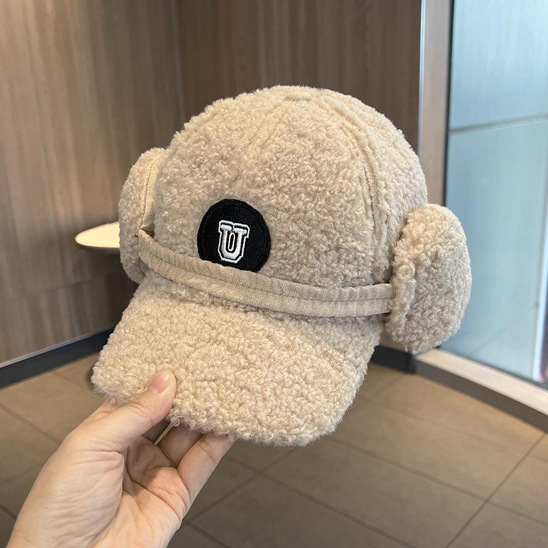 Versatile letter soft top plush cap lamb wool baseball cap women's winter thickened warm ear hat