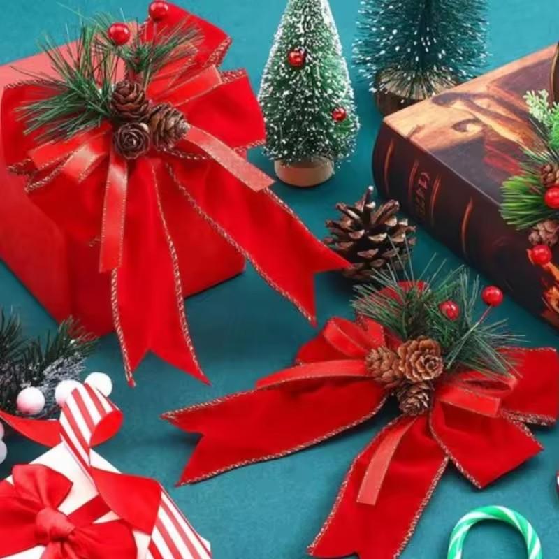6PCS Christmas Pinecone Pine Needle Bow Christmas Grid Ribbon Bow Christmas Tree Decoration Bow Home Furnishings