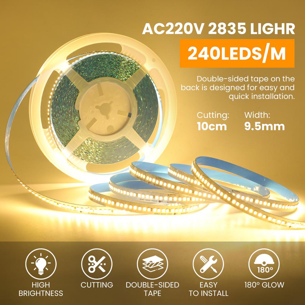 220V 110V LED Strip Light 5M 10M 15M 20M Flexible LED Tape Ribbon 2835 240LEDs/M IP44 Waterproof Rope Light with EU US Plug
