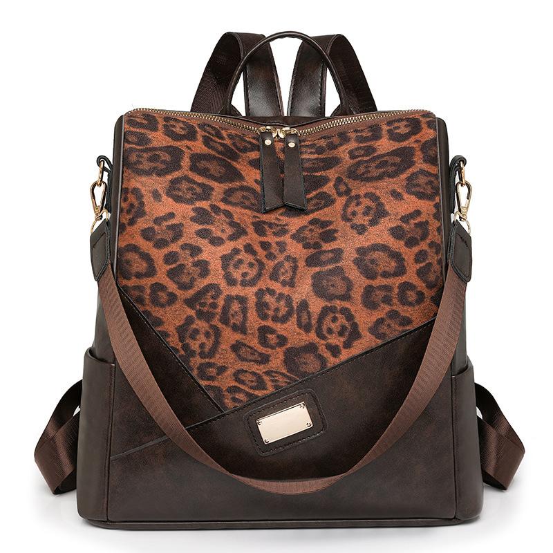 Retro fashion new leopard print backpack women's shoulder bag simple large capacity multi-functional three-purpose backpack