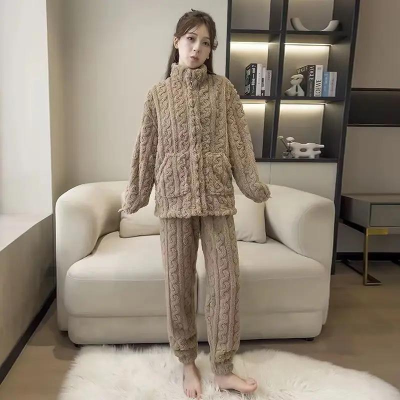 

Фланелевая пижама осень-зима домашняя одежда женская плюс бархатная ночная рубашка женская теплая большая домашняя одежда свободный домашний костюм 2XL