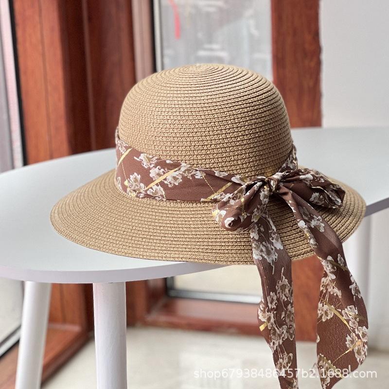 Bow Ribbon Woven Straw Hat Women's Summer French Hepburn Wind Shade Sunscreen Hat Casual Beach Sun Hat
