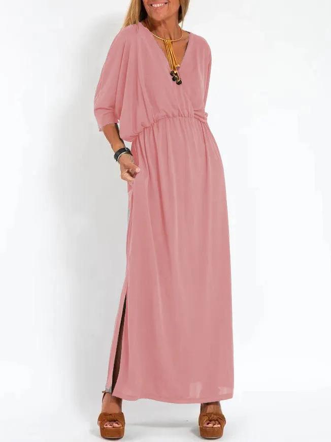 European And American Style Summer New Products, Fashionable Solid Color High-Waisted Split V-Neck Dress