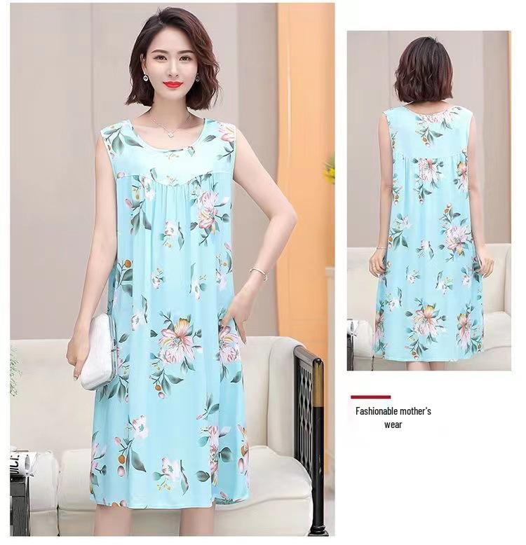 Plus Size Sleeveless Cotton Rayon Dress for Middle-Aged Women