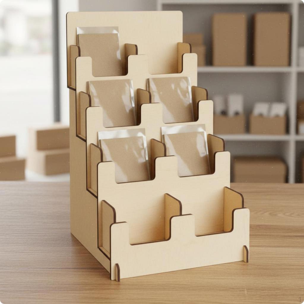 Four Tier Sticker Holder Easy to See Wooden Rack Stand SpaceSaving Step Display Shelf for