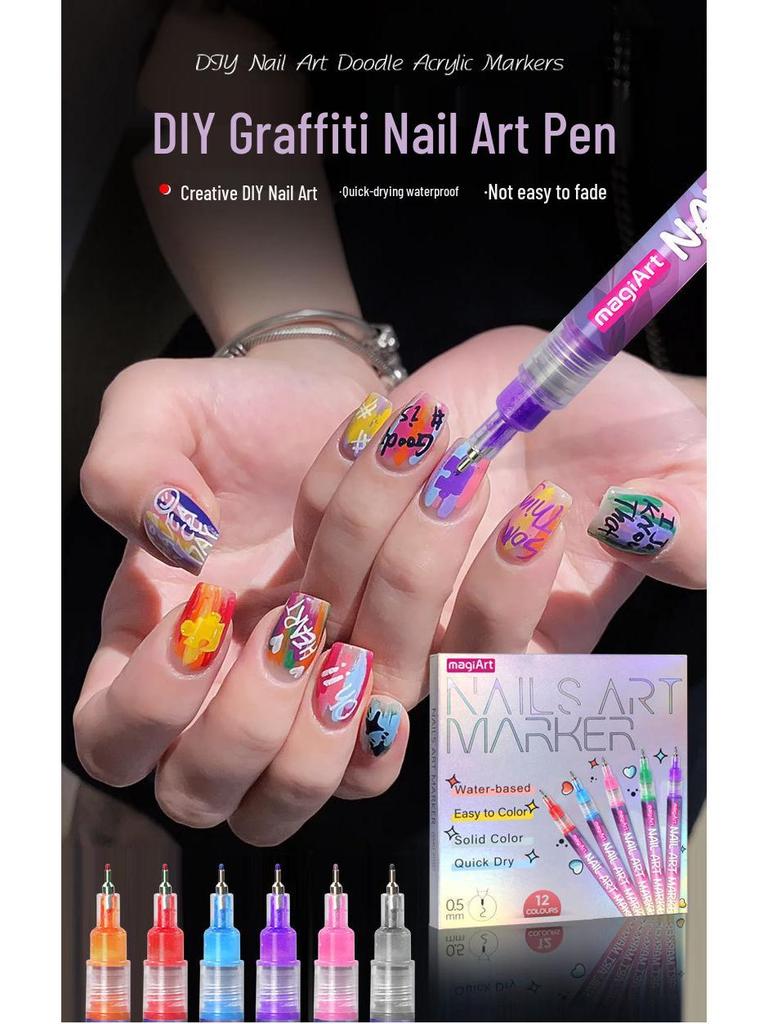 12-Color Acrylic Nail Art Graffiti Pen Set - Quick-Dry for DIY Painting, Dotting, and Outlining