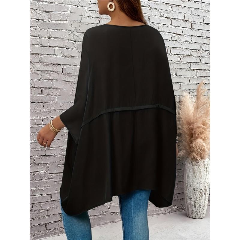 New Plus Size Women's Seven Quarter Sleeve Round Neck Top Made Of Polyester High Elasticity Loose Irregular T-shirt