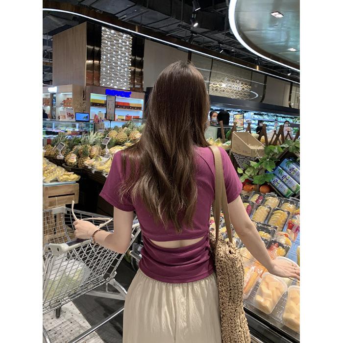 2026 summer new waist and shoulder T-shirt women s short-sleeved design sense niche slim and thin short halter top S фиолетовый