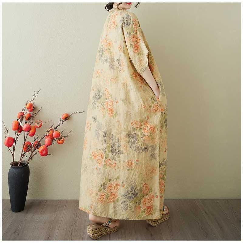 Kvinners Vintage Lang Kjole med Bomulls- og Linputter