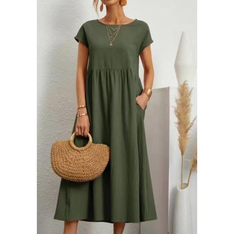 QICED Fashion Summer Spring Solid Color Print Short Sleeve O-Neck Casual Dresses