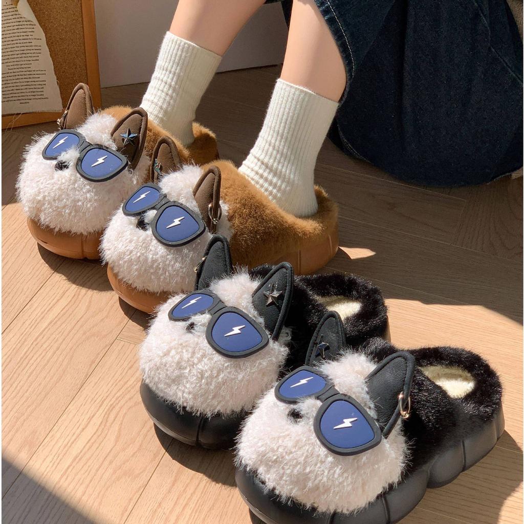Lightning Dog Cartoon Plush Warm Cotton Slippers Winter Warm Home Indoor Cute Eye Dog Non-slip Cotton Shoes